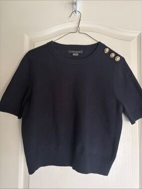 French Connection Navy Short-Sleeve Crew Sweater with Shoulder Buttons
